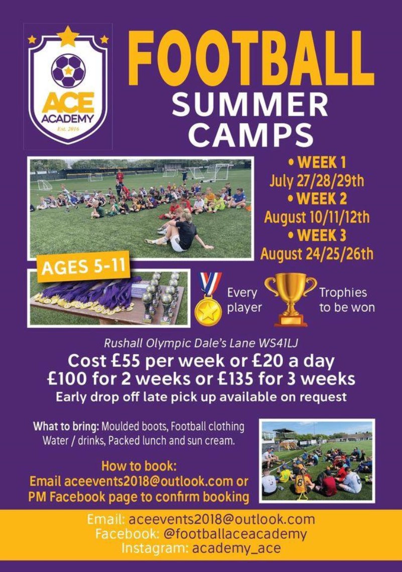 RUSHALL OLYMPIC FC, SUMMER FOOTBALL CAMPS WITH ACE ACADEMY